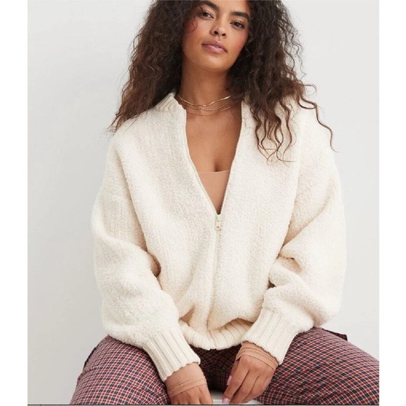 Aerie Soft Cream OVERSIZED RECYCLED FABRIC Full Zip Sherpa Cardigan S - Picture 1 of 16